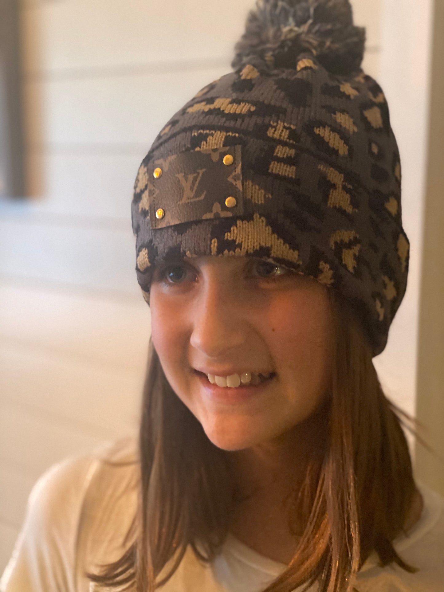 Upcycled "LV" Leopard Print Beanie with Pom Pom