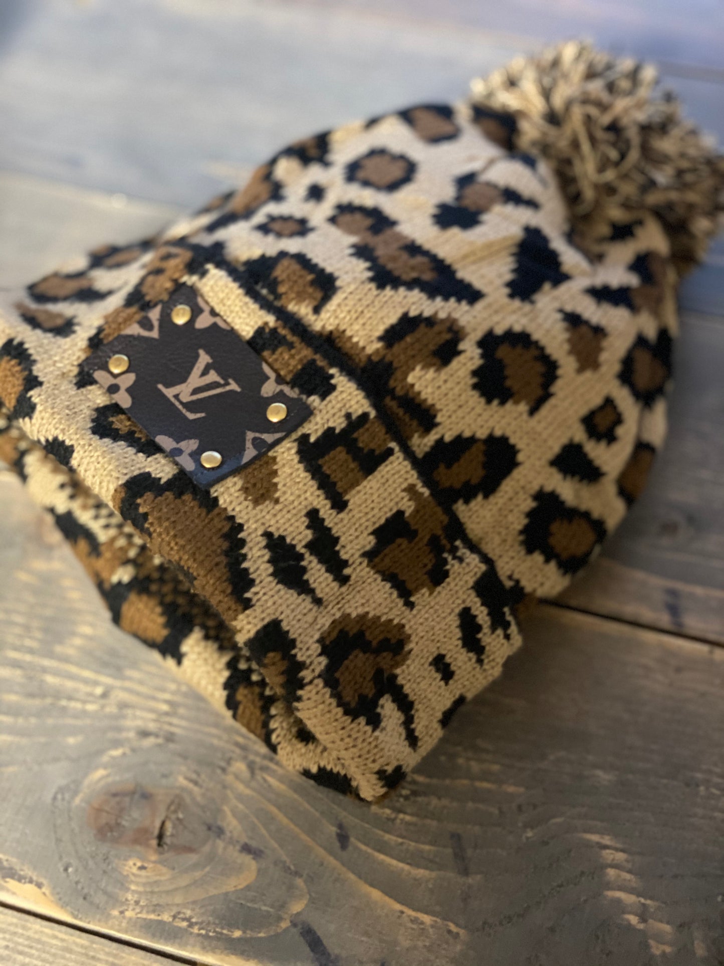 Upcycled "LV" Leopard Print Beanie with Pom Pom